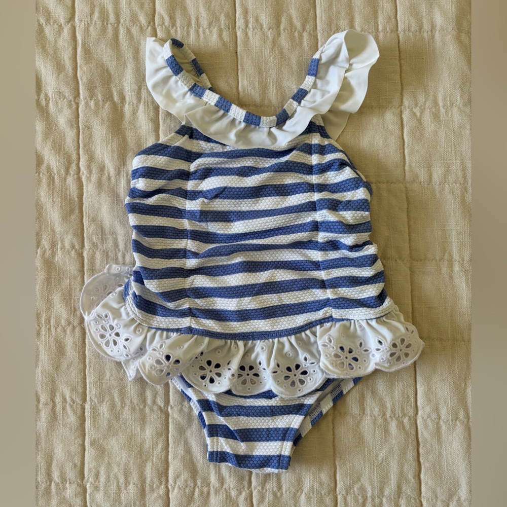 Janie and Jack Blue and White Striped Baby Swimsuit 12-18m